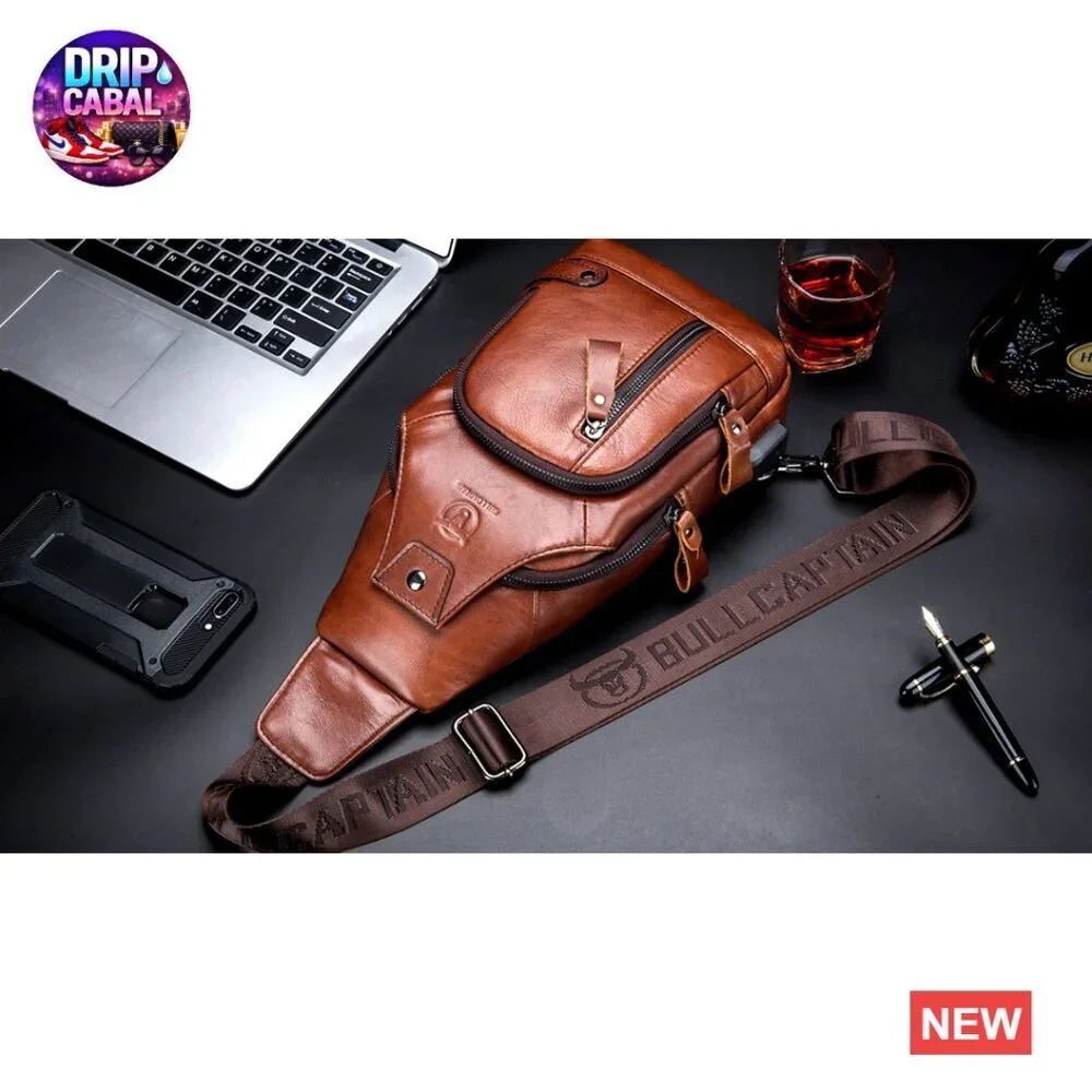 Genuine Leather Sling Bag with USB Charging Port Multi-pocket Chest Bag